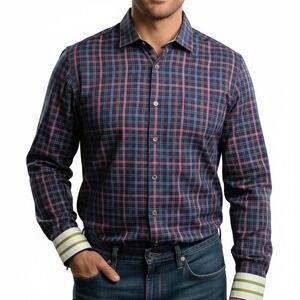 Robert Graham Mens XL Tailored Fit Plaid Button Down Shirt Navy Blue Long Sleeve